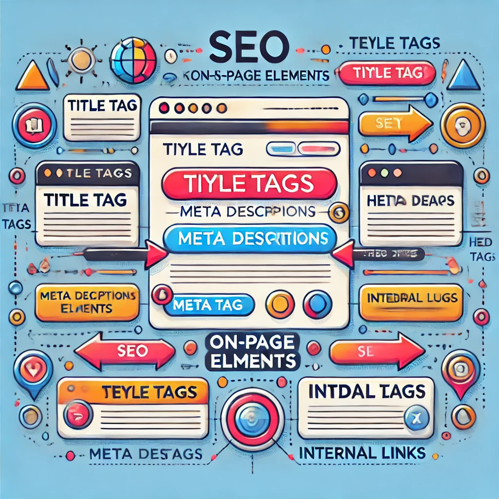 webpage layout showcasing on-page SEO elements like title tags, meta descriptions, header tags, and internal links.